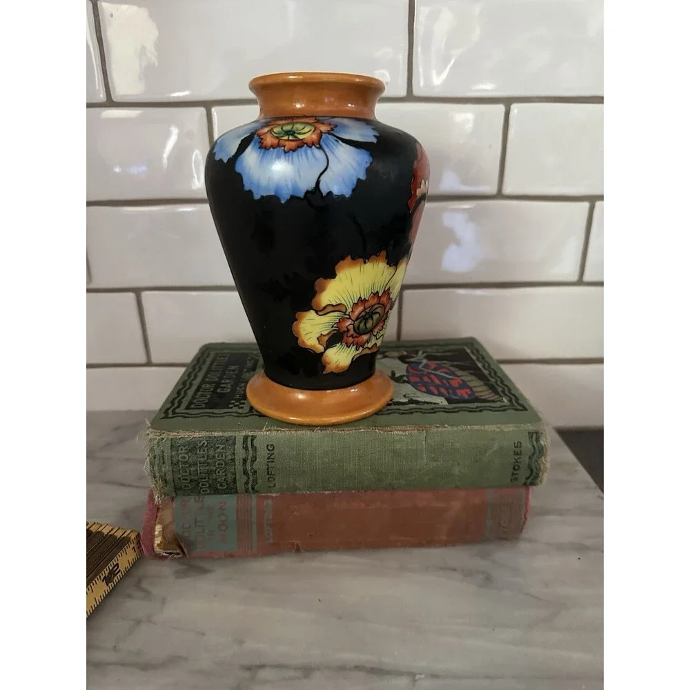 Orange Blue Red Poppy Black Flora Vase Japan Hand Painted 6.5”